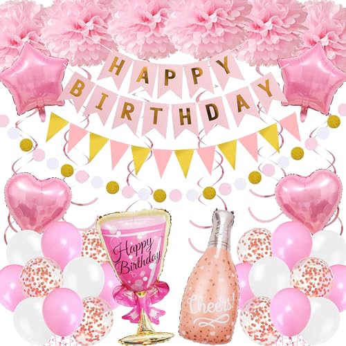 Geburtstag Party Dekorationen Banner Luftballons - Rosa Papier Pompons Set mit Wimpelkette Wimpel, Happy Birthday Banner und Konfetti Latex Ballon für Mädchen Frauen Party Supplies Geburtstag Party Dekorationen Banner Luftballons - Rosa Papier Pompons Set mit Wimpelkette Wimpel, Happy Birthday Banner und Konfetti Latex Ballon für Mädchen Frauen Party Supplies von Wylario
