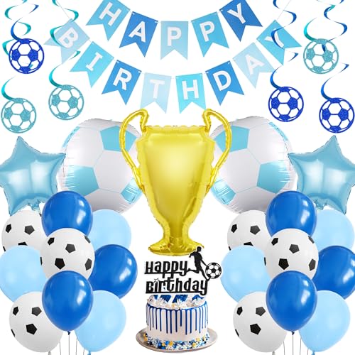 Geburtstagsparty-Dekorationen mit Fußball-Thema – Blau und Weiß Happy Birthday Banner Kuchenaufsatz für Mädchen und Jungen, 4D-Fußball-Trophäen-Ballons für Sport-Motto-Party-Zubehör Geburtstagsparty-Dekorationen mit Fußball-Thema – Blau und Weiß Happy Birthday Banner Kuchenaufsatz für Mädchen und Jungen, 4D-Fußball-Trophäen-Ballons für Sport-Motto-Party-Zubehör von Wylario
