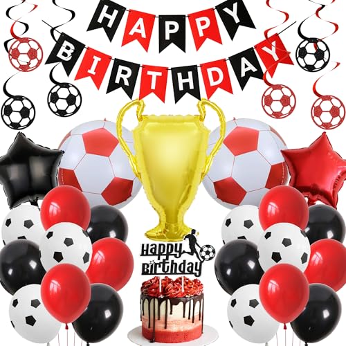 Geburtstagsparty-Dekorationen mit Fußball-Thema – Rot und Weiß Happy Birthday Banner Kuchenaufsatz für Mädchen und Jungen, 4D-Fußball-Trophäen-Ballons für Sport-Motto-Party-Zubehör Geburtstagsparty-Dekorationen mit Fußball-Thema – Rot und Weiß Happy Birthday Banner Kuchenaufsatz für Mädchen und Jungen, 4D-Fußball-Trophäen-Ballons für Sport-Motto-Party-Zubehör von Wylario