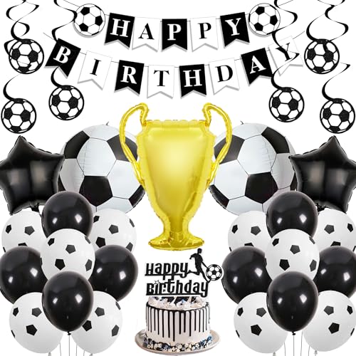 Geburtstagsparty-Dekorationen mit Fußball-Thema – Schwarz und Weiß Happy Birthday Banner Kuchenaufsatz für Mädchen und Jungen, 4D-Fußball-Trophäen-Ballons für Sport-Motto-Party-Zubehör Geburtstagsparty-Dekorationen mit Fußball-Thema – Schwarz und Weiß Happy Birthday Banner Kuchenaufsatz für Mädchen und Jungen, 4D-Fußball-Trophäen-Ballons für Sport-Motto-Party-Zubehör von Wylario