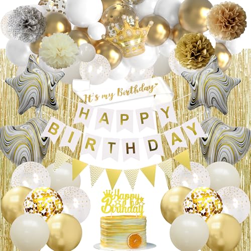 Gold Weiß Geburtstag Dekorationen Luftballons - Happy Birthday Banner Wimpel Kit mit Cake Topper Schärpe, Sand Latex Ballonbogen und Papier Pom Poms für Frauen Mädchen Party Supplies von Wylario