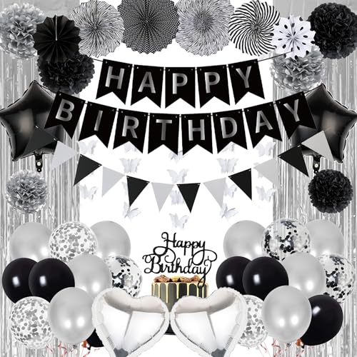 Happy Birthday Dekorationen Luftballons Banner – 63 Stück Schwarz Silber Papier Pompon Dekorationsset mit Kuchenaufsatz, weißer Schmetterling hängende Quastenvorhang für Damen und Herren Happy Birthday Dekorationen Luftballons Banner – 63 Stück Schwarz Silber Papier Pompon Dekorationsset mit Kuchenaufsatz, weißer Schmetterling hängende Quastenvorhang für Damen und Herren von Wylario