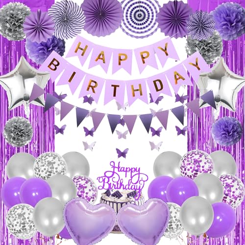 Happy Birthday Dekorationen Luftballons Banner – 63 Stück lila Silber Papier Pompon Dekorationsset mit Kuchenaufsatz, 3D Schmetterling hängende Quaste Vorhang für Frauen Geburtstag Party Supplies Happy Birthday Dekorationen Luftballons Banner – 63 Stück lila Silber Papier Pompon Dekorationsset mit Kuchenaufsatz, 3D Schmetterling hängende Quaste Vorhang für Frauen Geburtstag Party Supplies von Wylario