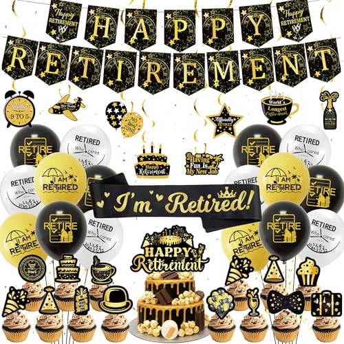 Happy Retirement Dekorationen für Männer – Schwarz Gold Abschieds-Partyzubehör Ruhestand Banner Luftballons Kuchen Topper I'm Retired Schärpe und Cupcake Topper für Frauen Männer Ausgehen Party von Wylario
