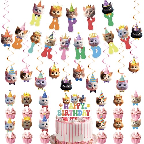 Katzengeburtstagsparty-Dekorationsset – 38-teiliges "Happy Birthday"-Buchstaben-Banner für Kätzchen, niedliches Katzengesicht, hängende Wirbel-Cupcake-Topper für Kinder, Katzen-Mottoparty-Zubehör Katzengeburtstagsparty-Dekorationsset – 38-teiliges "Happy Birthday"-Buchstaben-Banner für Kätzchen, niedliches Katzengesicht, hängende Wirbel-Cupcake-Topper für Kinder, Katzen-Mottoparty-Zubehör von Wylario