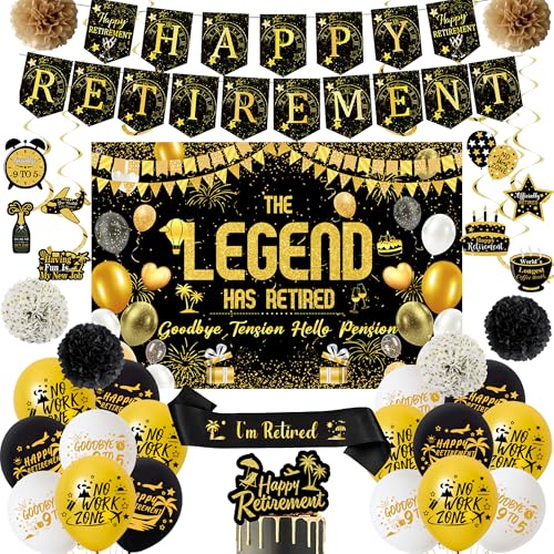 Partydekorationen für den Ruhestand, Banner-Luftballons – Schwarz-Gold, "The Legend Has Retired Backdorp-Dekor-Set mit Papier-Pompons, Happy Retirement-Kuchenaufsatz, hängende Wirbel für Männer und von Wylario