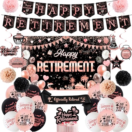 Retirement Party Dekorationen Banner Luftballons - Happy Retirement Hintergrund Dekoration Set mit Schärpe und Cake Topper, Rose Gold Papier Pompoms Hängende Wirbel für Frauen von Wylario
