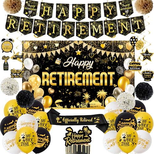 Retirement Party Dekorationen Banner Luftballons - Happy Retirement Hintergrund Dekoration Set mit Schärpe und Cake Topper, Schwarz Gold Papier Pompoms Hängende Wirbel für Männer Frauen von Wylario