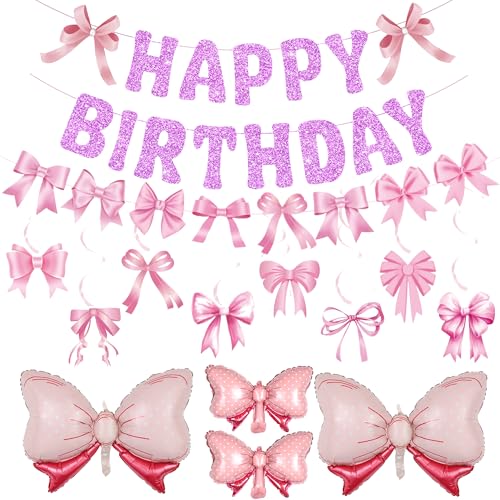 Schleife Geburtstag Party Dekoration Banner - Rosa Schleife Happy Birthday Banner Dekor Bogen Girlande für Kinder, hängende Wirbel Folienballons für Kokette Thema Geburtstag Party Supplies Schleife Geburtstag Party Dekoration Banner - Rosa Schleife Happy Birthday Banner Dekor Bogen Girlande für Kinder, hängende Wirbel Folienballons für Kokette Thema Geburtstag Party Supplies von Wylario