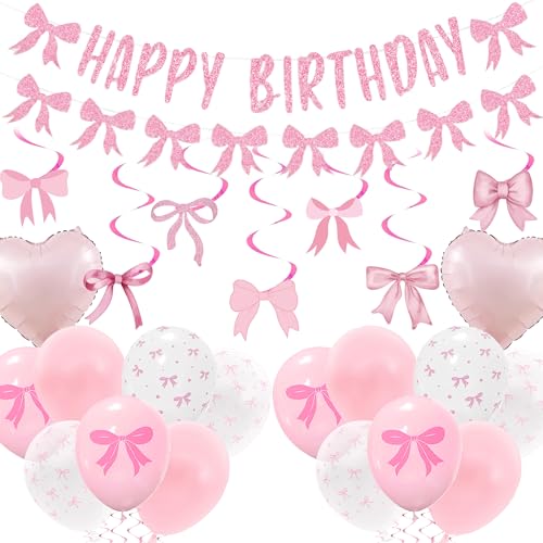 Schleife Geburtstag Party Dekorationen Mädchen - Rosa Happy Birthday Banner Dekorationsset mit hängenden Wirbel, Schleife Thema Girlande und Latex Ballon für Frau Kokette Party Supplies Schleife Geburtstag Party Dekorationen Mädchen - Rosa Happy Birthday Banner Dekorationsset mit hängenden Wirbel, Schleife Thema Girlande und Latex Ballon für Frau Kokette Party Supplies von Wylario