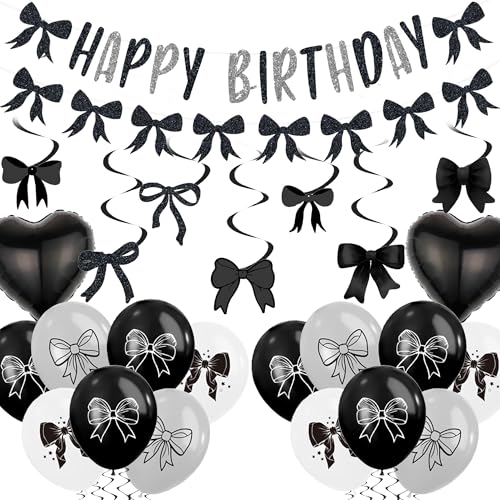 Schleife Geburtstag Party Dekorationen Mädchen - Schwarz Happy Birthday Banner Dekorationsset mit hängenden Wirbel, Schleife Thema Girlande und Latex Ballon für Frau Kokette Party Supplies Schleife Geburtstag Party Dekorationen Mädchen - Schwarz Happy Birthday Banner Dekorationsset mit hängenden Wirbel, Schleife Thema Girlande und Latex Ballon für Frau Kokette Party Supplies von Wylario