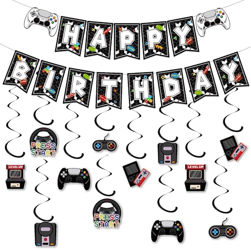 Schwarze Videospiel-Party-Dekorationen – Happy Birthday Banner Wimpelkette Girlande Dekor für Jungen Kinder, Videospiel-Thema, hängende Wirbel, Partyzubehör für Kinder und Erwachsene Schwarze Videospiel-Party-Dekorationen – Happy Birthday Banner Wimpelkette Girlande Dekor für Jungen Kinder, Videospiel-Thema, hängende Wirbel, Partyzubehör für Kinder und Erwachsene von Wylario