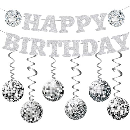 Silber Disco Geburtstag Party Dekorationen - Glitzer Happy Birthday Banner 70er 80er Jahre Discokugeln Hängend Papier Girlande Schild Wimpelkette für Disco Dance Party Supplies Set Silber Disco Geburtstag Party Dekorationen - Glitzer Happy Birthday Banner 70er 80er Jahre Discokugeln Hängend Papier Girlande Schild Wimpelkette für Disco Dance Party Supplies Set von Wylario