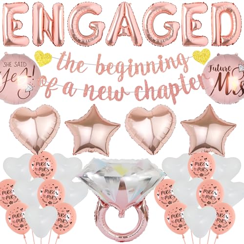 Verlobung Party Dekorationen Roségold - Verlobt Buchstaben Luftballons und der Beginn eines neuen Kapitels Banner, Stern Herz Ring Diamant Folienballon für Bachelorette Hochzeit Party Verlobung Party Dekorationen Roségold - Verlobt Buchstaben Luftballons und der Beginn eines neuen Kapitels Banner, Stern Herz Ring Diamant Folienballon für Bachelorette Hochzeit Party von Wylario