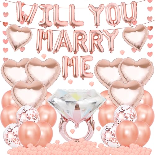 Will You Marry Me Dekorationen – Roségold Antrag Luftballons Banner Dekor mit Herz Wimpelkette Girlande, Valentine Diamant Ringe Blütenblätter für Romantische I Love You Themenparty Supplies von Wylario