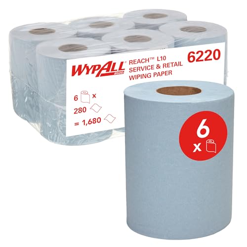 WypAll L10 Papier-Reinigungstücher für Service u. Einzelhandel 6220 – 1-lagige blaue Rolle mit Zentralentnahme – 6 Rollen mit Zentralentnahme x 280 Papier-Wischtücher (insges. 1.680) von Wypall