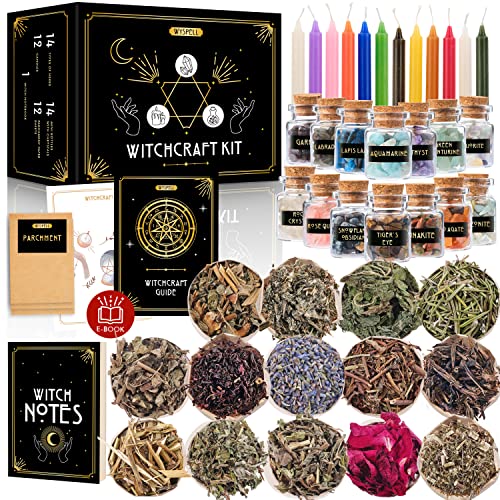 Witchcraft Supplies Kit für Hexenaltar 54 Teile – Zauberkerzen für Hexen – Kristalle Zaubergläser für Hexen – Kräuter für Zaubersprüche – Anfänger-Hexen-Kit – Hexen-Starter-Set von Wyspell