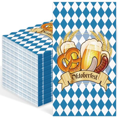 Oktoberfest Servietten 50 Stück, Bayrisch Oktoberfest Deko 3-lagig, Blau Weiß Servietten, Tischdeko Set Bayern Papierservietten für Grillfeste und andere Feiern von Wzczf