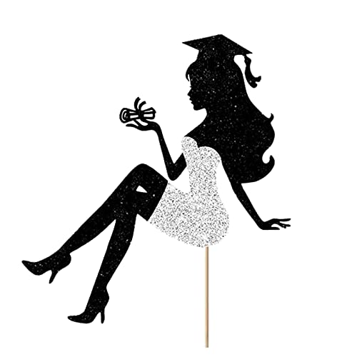 # High Heel Mädchen Abschluss-Kuchenaufsatz mit Glitzer-Kappe, Diplom 2023, Abschlussfeier, Kuchendekoration für 2023, Abschlussfeier, Partyzubehör (Silber, Einheitsgröße) von Wzxhew