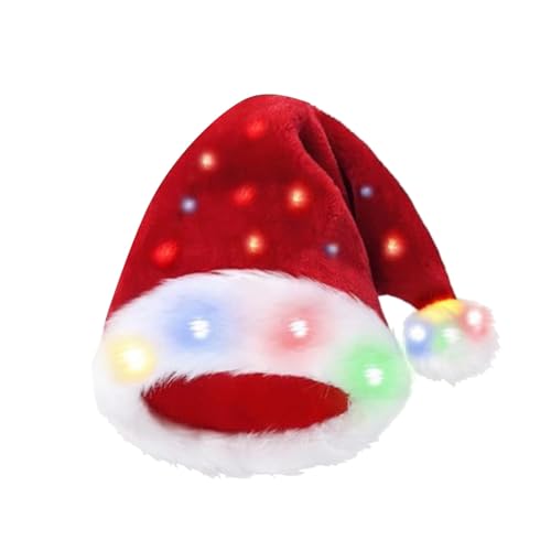 Weihnachtsmütze mit LED-Lichtern, lustige Weihnachtsmütze, Plüsch, künstlicher Weihnachtsmütze mit leuchtenden Farben (rot und schwarz kariert) (Rot, A) von Wzxhew