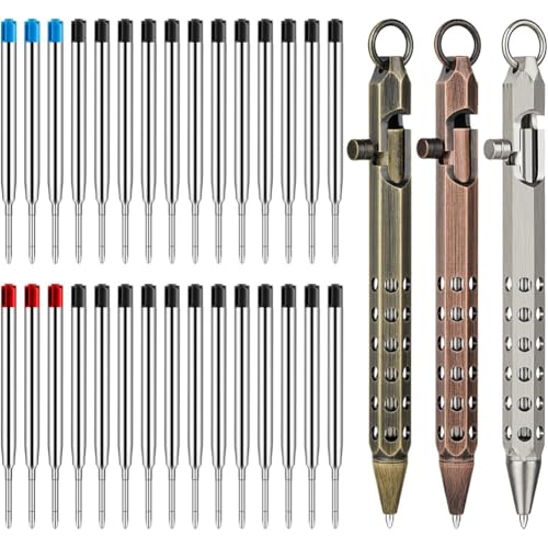 Wzxksoac Massive Messing Taschenstift mit 30 Kugelschreiber-Nachfüllungen, 3er-Pack Bolt Action Stift Set, Sechseckiges Design C von Wzxksoac