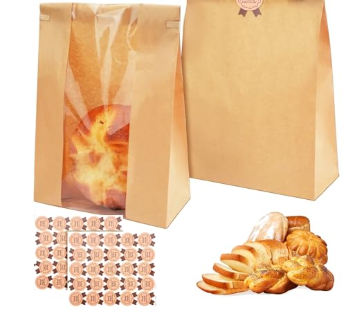 X-BLTU 100 Stück Braune Papiertüten Bäcker mit Klarem Fenster, 35 x 21 x 9 cm Kraft Brottüten Papier Groß mit 100 Stück Aufkleber, Brotpapiertüten für Laib, Hausgemachtes Brot, Sauerteig, Geschenke X-BLTU 100 Stück Braune Papiertüten Bäcker mit Klarem Fenster, 35 x 21 x 9 cm Kraft Brottüten Papier Groß mit 100 Stück Aufkleber, Brotpapiertüten für Laib, Hausgemachtes Brot, Sauerteig, Geschenke von X-BLTU