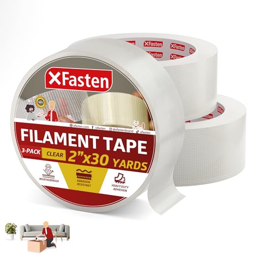 X Fasten Filament-Klebeband, transparent, 2 Inch x 30 Yards (50,8 mm x 27,43 m) (3er-Pack), extrem glasfaserverstärktes Kreuzverpackungsband von XFasten