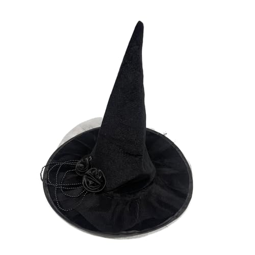X-Institute Eleganter schwarzer Hexenhut mit einzigartiger Rose und Perlenkette, stilvolles Zubehör für Kostümpartys, Halloween-Dekoration von X-Institute