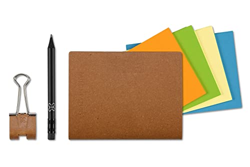A7 X17-Mind-Papers, revolutionäres X17-Karteikarten-Lernkarten-Box-Konzept! Recyceltes Leder kork, nachhaltig und mobil; Ca.25 Karten"gelb, orange, blau, grün" + Stiftklemme + Bleistift! von X17