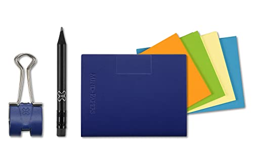 A8 X17-Mind-Papers, r evolutionäres X17-Karteikarten-Lernkarten-Box-Konzept! Recyceltes Leder blau, nachhaltig und mobil; Ca.25 Karten"gelb, orange, blau, grün" + Stiftklemme + Bleistift! von X17