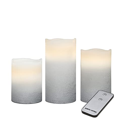 LED Kerzen 3er-Set mit Fernbedienung, LED Echtwachskerzen, inkl. Batterie, warmweiße, täuschend echt flackernde Kerzenflamme, Kerzen 10cm 13cm 15cm hoch, Durchmesser 8 cm, dekorativ, Silber-Weiß LED Kerzen 3er-Set mit Fernbedienung, LED Echtwachskerzen, inkl. Batterie, warmweiße, täuschend echt flackernde Kerzenflamme, Kerzen 10cm 13cm 15cm hoch, Durchmesser 8 cm, dekorativ, Silber-Weiß von X4-LIFE
