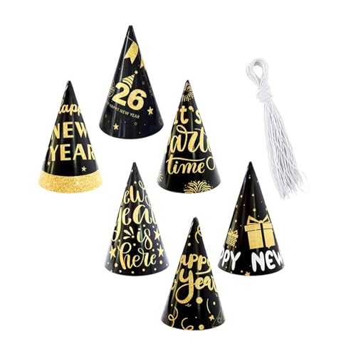 XAGMODSHN Happy New Year Hüte, 6 Stück, Schwarz / Gold, Kegelhut, kleine Kegel-Kopfbedeckung, Partyzubehör für Damen und Herren, Partyzubehör von XAGMODSHN