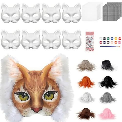XAGMODSHN Katzen-Füchse mit Pelzaugen, Netzfilz, Blatt, Therianer, zum Bemalen für Halloween, Maskerade, Cosplay, Kunst-Bastelset von XAGMODSHN