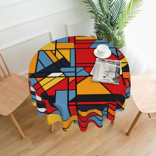 XBKGOHA Runde dekorative Tischdecke, 152,4 cm, Komposition in Rot, Gelb, Blau und Schwarz, bedruckt für den Innen- und Außenbereich, auf runden Tischen wie Couchtischen, Esstischen und Bauerntischen XBKGOHA Runde dekorative Tischdecke, 152,4 cm, Komposition in Rot, Gelb, Blau und Schwarz, bedruckt für den Innen- und Außenbereich, auf runden Tischen wie Couchtischen, Esstischen und Bauerntischen von XBKGOHA