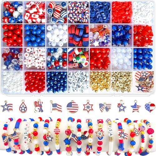 2100 Stück 4. Juli Armband-Perlen-Set, rote, weiße und blaue Perlen, patriotische Perlen für Armbänder, Schmuckherstellung, Unabhängigkeitstag, Amerika-Flagge, Tonperlen, Heishi-Sterne, runde Perlen 2100 Stück 4. Juli Armband-Perlen-Set, rote, weiße und blaue Perlen, patriotische Perlen für Armbänder, Schmuckherstellung, Unabhängigkeitstag, Amerika-Flagge, Tonperlen, Heishi-Sterne, runde Perlen von XBYzuzi