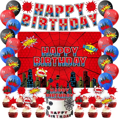 Spinnennetz-Geburtstagsparty-Zubehör, Spinnen-Mottoparty-Dekorationen, einschließlich Geburtstagsbanner, Hintergrund, Luftballons, Cupcake-Topper von XBenx