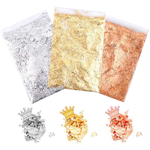 3 Packs Blattgold, XCOZU Imitation Gold Flocken Blattgold Flakes zum Basteln, Metallic Folien Goldfolie für Harzkunst, Nageldekore, Handwerkliche Verzierungen (Gold, Silber, Kupfer, 3g für Pack) von XCOZU