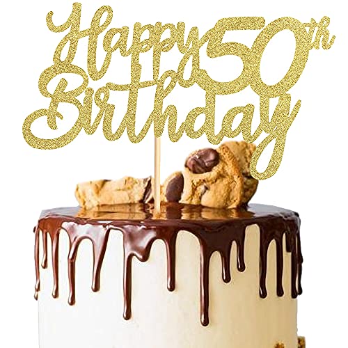 Happy Birthday 50th Cake Topper, goldfarben, Geburtstagsdekoration für Frauen Herren 50. Geburtstag, Pailletten, Happy Birthday Cupcake Toppers zum Dekorieren 50. Geburtstagstorte Party von XCOZU