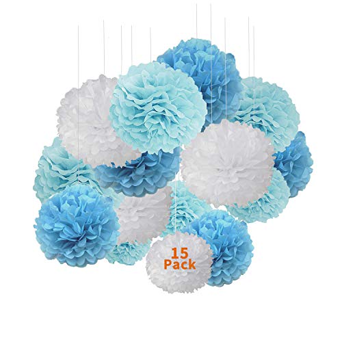 Seidenpapier Pompons,XCOZU 15 Stück Bunt Papier Pompoms für Hochzeit Deko,Seidenpapier Pompom für Geburtstagsfeier Deko Pom Poms,Weiß und Blau Pon Pons von XCOZU