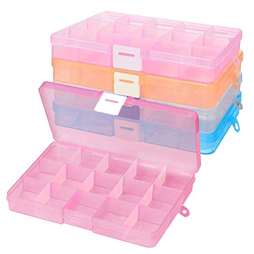 XCOZU Sortierboxen für Kleinteile, 4 Stück Einstellbar Aufbewahrungsbox Fächer Sortimentskasten mit 15 Raster, Transparent Plastik Aufbewahrungsbox Klein für Schmuck, Ohrring, Perlen, Ringe von XCOZU