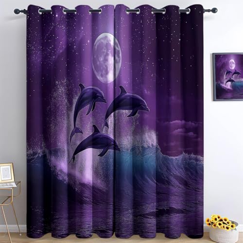 XCQHZYQ Delphin Mond Nacht Verdunklungsvorhänge Kinderzimmer Junge Mädchen, Lila Polyester Blickdichte Vorhänge H 160 x B 132 cm 2er Set Gardinen mit Ösen Wohnzimmer Fensterdekoration von XCQHZYQ