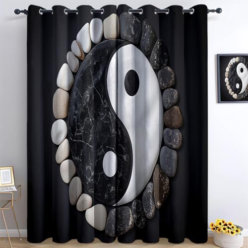 XCQHZYQ Kieselsteinsymbol Verdunklungsvorhänge Kinderzimmer Junge Mädchen, Schwarz Polyester Blickdichte Vorhänge H 138 x B 117 cm 2er Set Gardinen mit Ösen Wohnzimmer Fensterdekoration von XCQHZYQ