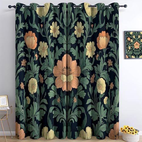 XCQHZYQ Retro-Blumenmuster Verdunklungsvorhänge Kinderzimmer Junge Mädchen, Dunkelgrün Polyester Blickdichte Vorhänge H 160 x B 132 cm 2er Set Gardinen mit Ösen Wohnzimmer Fensterdekoration von XCQHZYQ