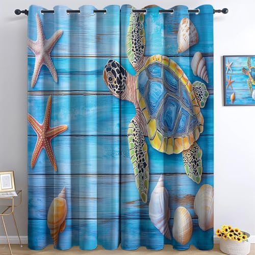 XCQHZYQ Schildkrötenpanzer-Holzbrett Verdunklungsvorhänge Kinderzimmer Junge Mädchen, Hellblau Polyester Blickdichte Vorhänge H 160 x B 132 cm 2er Set Gardinen mit Ösen Wohnzimmer Fensterdekoration von XCQHZYQ