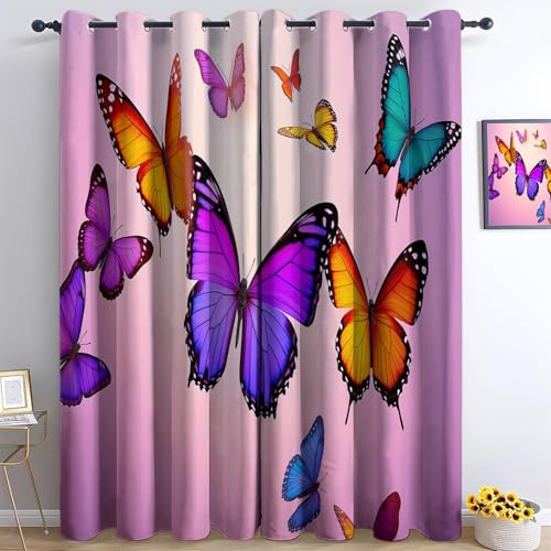 XCQHZYQ Schmetterling Orange Verdunklungsvorhänge Kinderzimmer Junge Mädchen, Lila Polyester Blickdichte Vorhänge H 160 x B 132 cm 2er Set Gardinen mit Ösen Wohnzimmer Fensterdekoration von XCQHZYQ