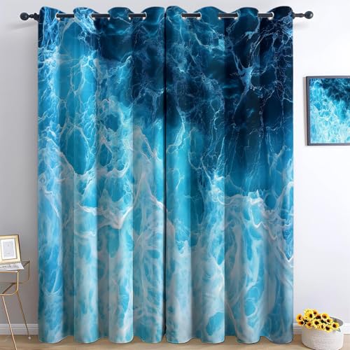 XCQHZYQ Verdunklungsvorhänge 2er Set mit Ösen, Blau Blickdichte Gardinen Schalldämmend Lärmschutzvorhang für Kinderzimmer Wohnzimmer Gardinen Meereswellen, H 160 x B 132 cm von XCQHZYQ