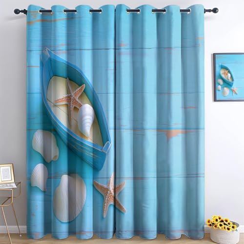 XCQHZYQ Verdunklungsvorhänge 2er Set mit Ösen, Hellblau Blickdichte Gardinen Schalldämmend Lärmschutzvorhang für Kinderzimmer Wohnzimmer Gardinen Muschelboot Mit Ozeanmotiv, H 160 x B 132 cm von XCQHZYQ