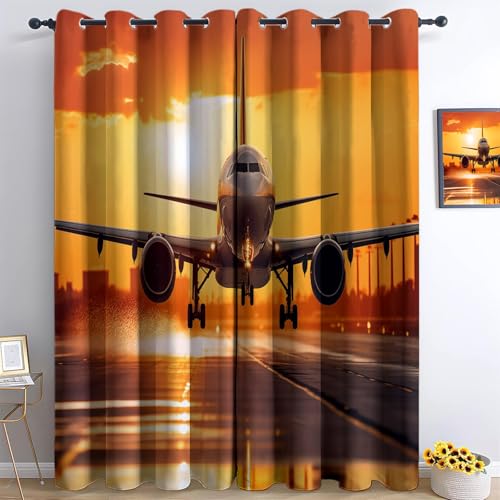 XCQHZYQ Verdunklungsvorhänge 2er Set mit Ösen, Orange Farbe Blickdichte Gardinen Schalldämmend Lärmschutzvorhang für Kinderzimmer Wohnzimmer Gardinen Sonnenuntergang Auf Landebahn, H 160 x B 132 cm von XCQHZYQ
