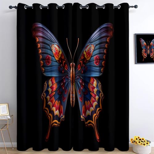 XCQHZYQ Verdunklungsvorhänge 2er Set mit Ösen, Schwarz Blickdichte Gardinen Schalldämmend Lärmschutzvorhang für Kinderzimmer Wohnzimmer Gardinen Schmetterling Blau Rot, H 160 x B 132 cm von XCQHZYQ