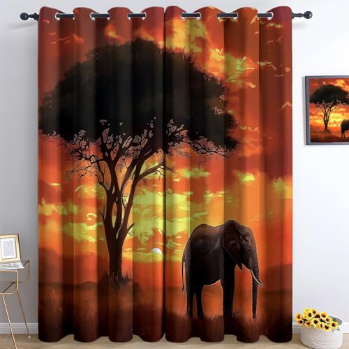 XCQHZYQ Vorhänge Blickdicht Afrikanischer Savannenelefant Verdunklungsvorhänge, Gardinen mit Ösen Orange Farbe Thermovorhang Wohnzimmer Schlafzimmer Kinderzimmer Dekoschal 2er Set, H 160 x B 132 cm von XCQHZYQ